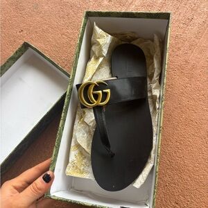 DUPE Black Slide Sandals with Gold Logo